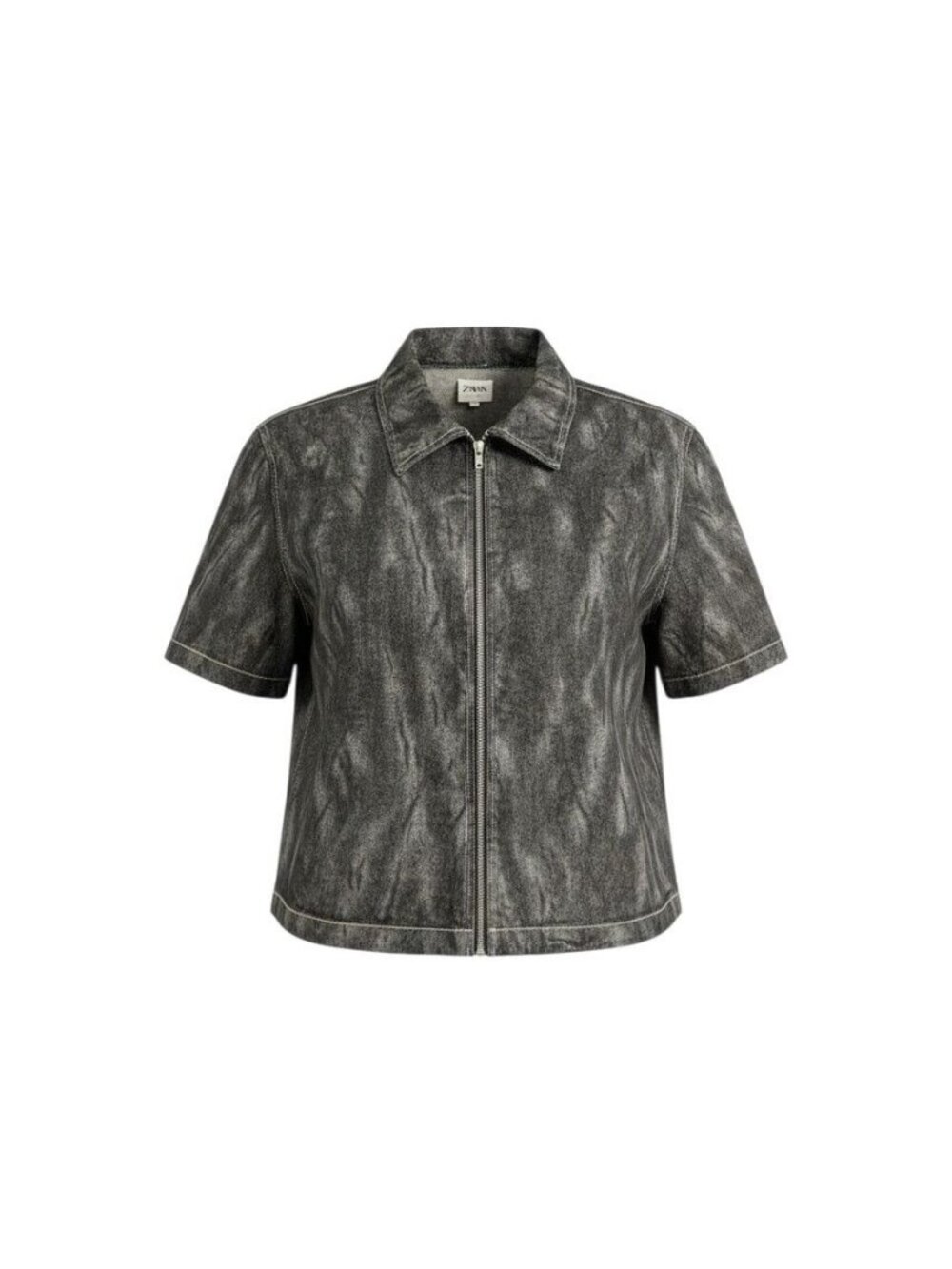 Zara Womens Washed Black Denim Short-Sleeve Jacket With Front Zip Closure Size L